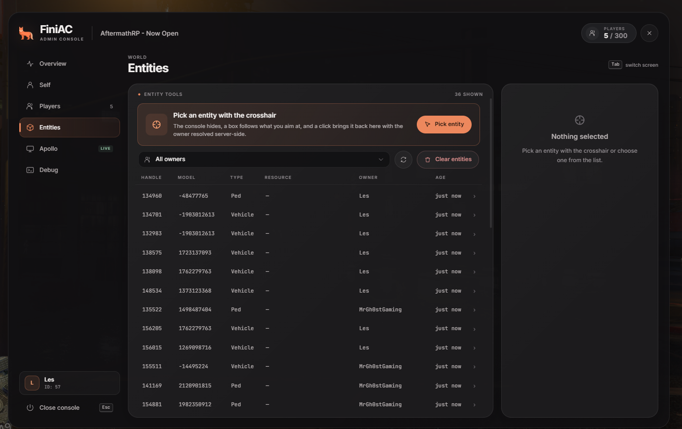 FiniAC admin menu Entities screen