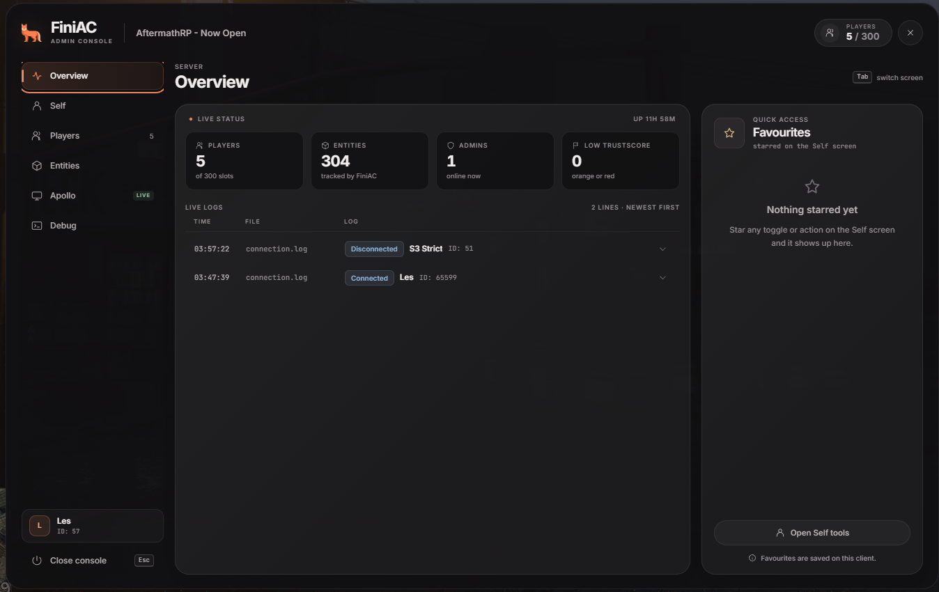 FiniAC admin menu Overview screen